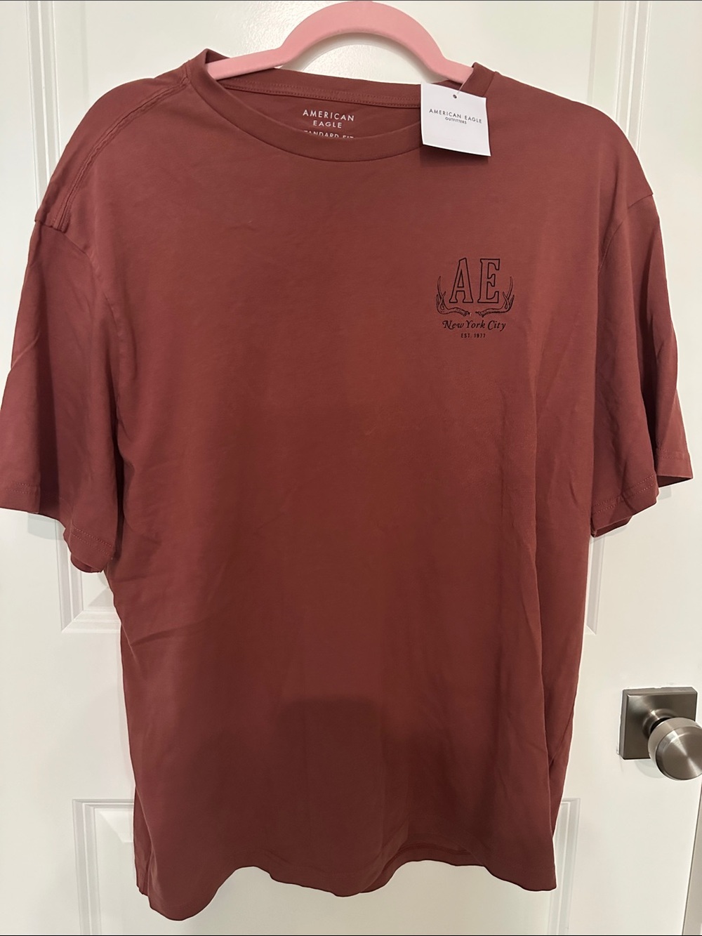 American Eagle Outfitters Men's Rust-Brown AE Logo Short Sleeve Tee